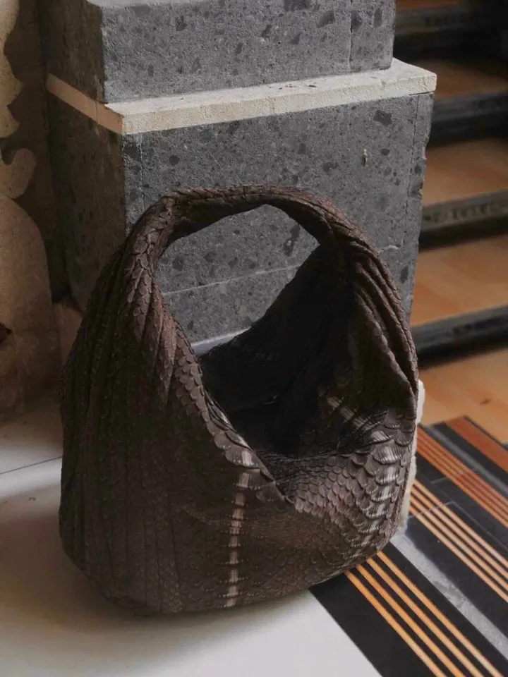 Medium Soft Hobo Classy Sport Woman Stitched Bag | Purse Genuine Python Skin | Dewi Brown Big Elegant Leather Designer Soft Bag Snake |