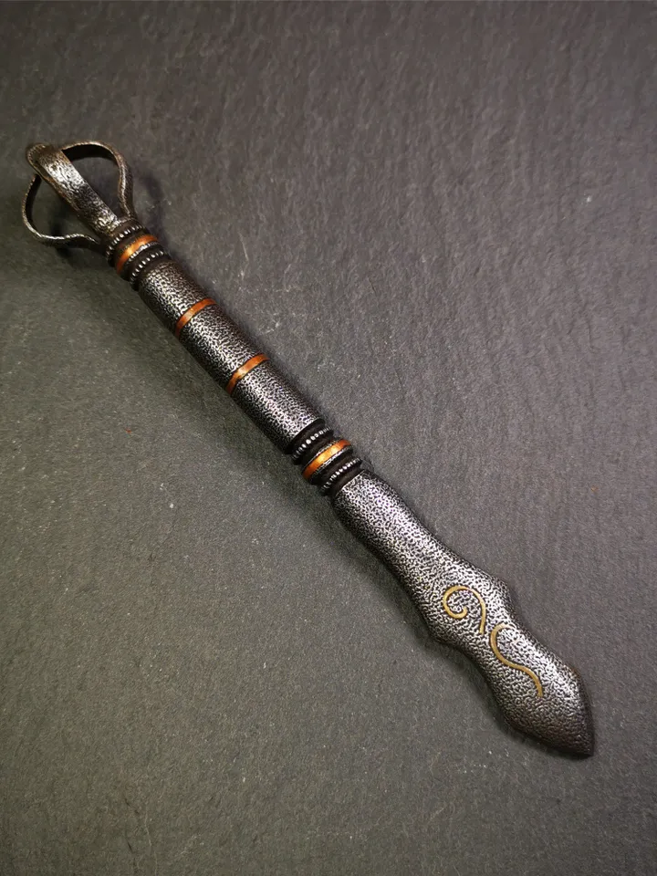 Gandhanra Handmade Tibetan Buddhist Ritual Implement - Kila -Dorje Phurba,Made of Cold Iron inlaid with Copper,5.1"