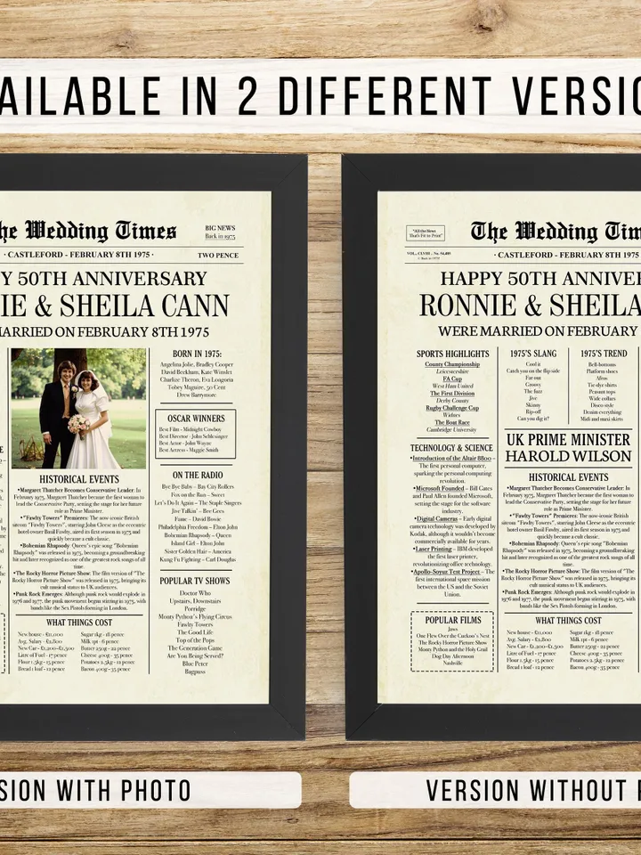 50th Anniversary 1975 Newspaper Photo Poster, 1975 Anniversary, 50th Anniversary Party Sign, 50th Anniversary Gift Board Anniversary gift UK