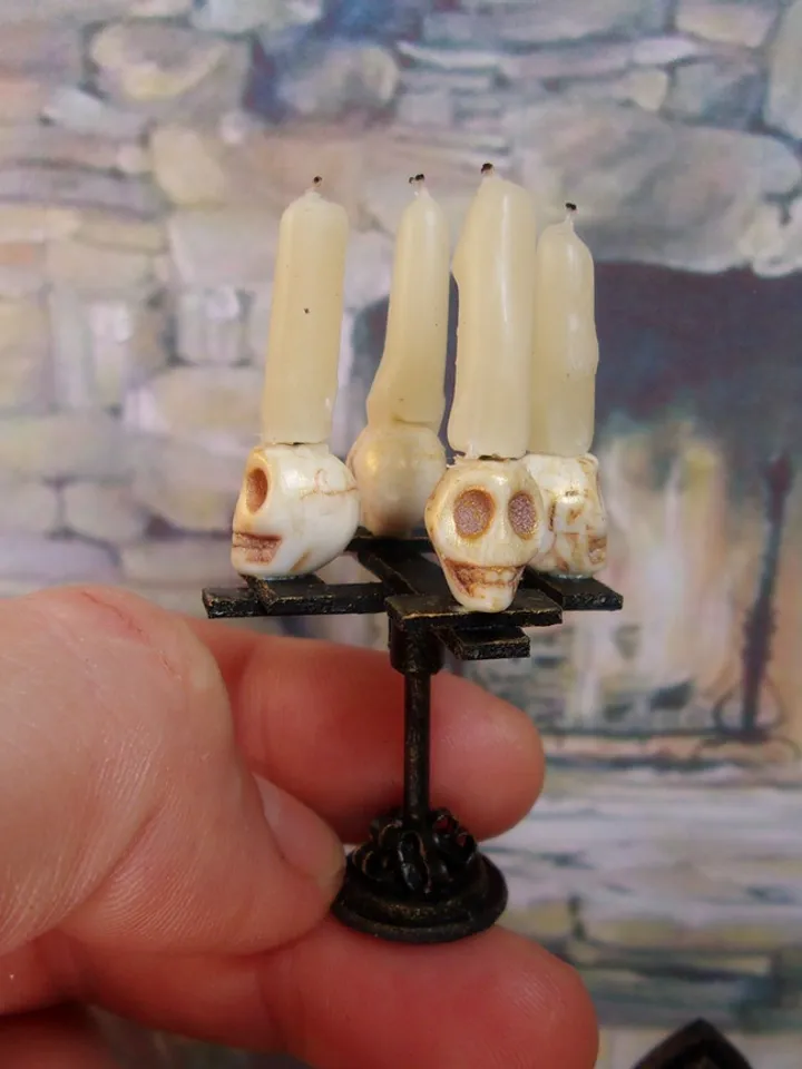 Gothic candlesticks for stylized dollhouse. 1:12. Dollhouse miniature. handmade. Candlesticks with skulls.