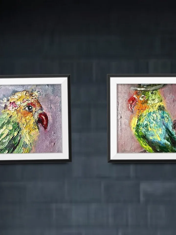 Couple of love birds diptych, parrots painting ,original oil impasto painting, small gift, wedding gift,exotic colourful birds painting.