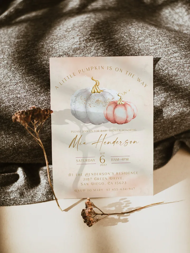 A little Pumpkin on the Way! Autumn Baby Shower Invite; Pink Pumpkin Baby Shower Invitation set; Pumpkin 2022 trend Autumn baby shower kit