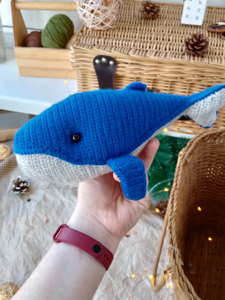 Stuffed blue Whale toy nursery decor for baby. Stuffed animal cotton yarn whale for home decor. Big original whale toy