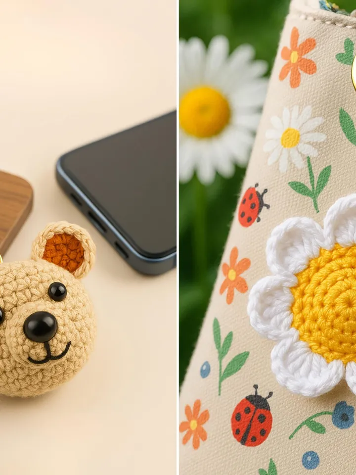 Crochet Charm Set PDF Bundle – 5 Cute Amigurumi Patterns: Pumpkin, Flower, Bear, Bag & Clover DIY Designs