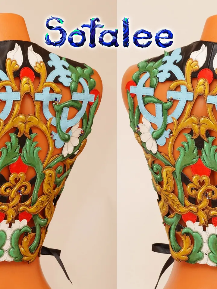 Chic Vest of genuine leather multicolored weaving plants flowers, perforation real leather waistcoat zippered summer.