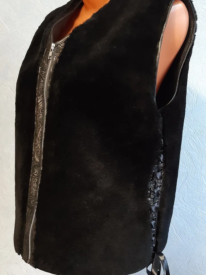 Vest Sleeveless of genuine fur sheepskin black color. Handmade Fall warm lacing waistcoat by Sofalee