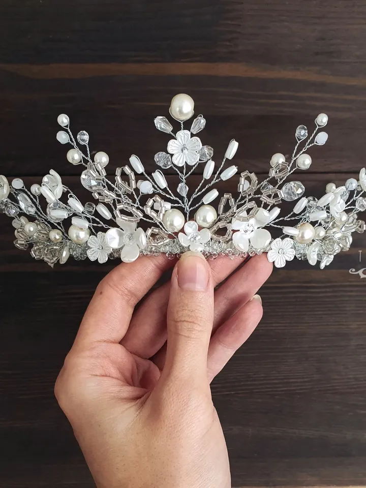 Pearl crown, flower tiara, white crown, bridal headpiece, wedding tiara, baby crown,White tiara, Wedding headpiece,Bride