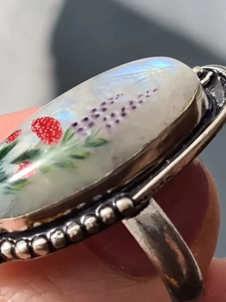 Moonstone ring Stone painting fly agaric Aaa large Moonstone ring 飛木耳環