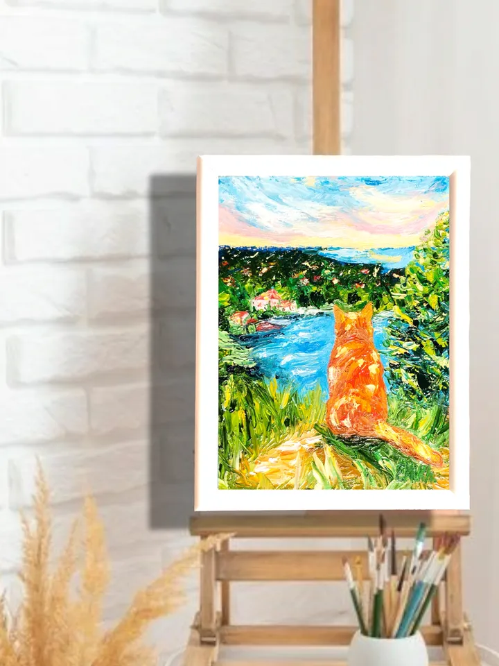 Textured oil painting "A red cat above eternal rest", 15x20*0.2 cm., 5,906x7,87 inches, 3d, impasto