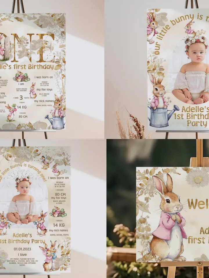 DIY Editable Baby Birthday Template large Bundle for Peter Rabbit party theme invitation banners labels milestone pr777