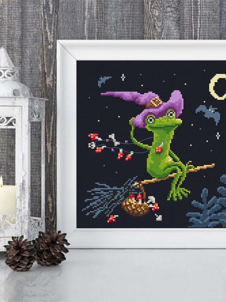Halloween witch frog cross stitch pattern PDF download Halloween cross stitch chart Cute frog pattern digital PDF Funny frog embroidery #H73