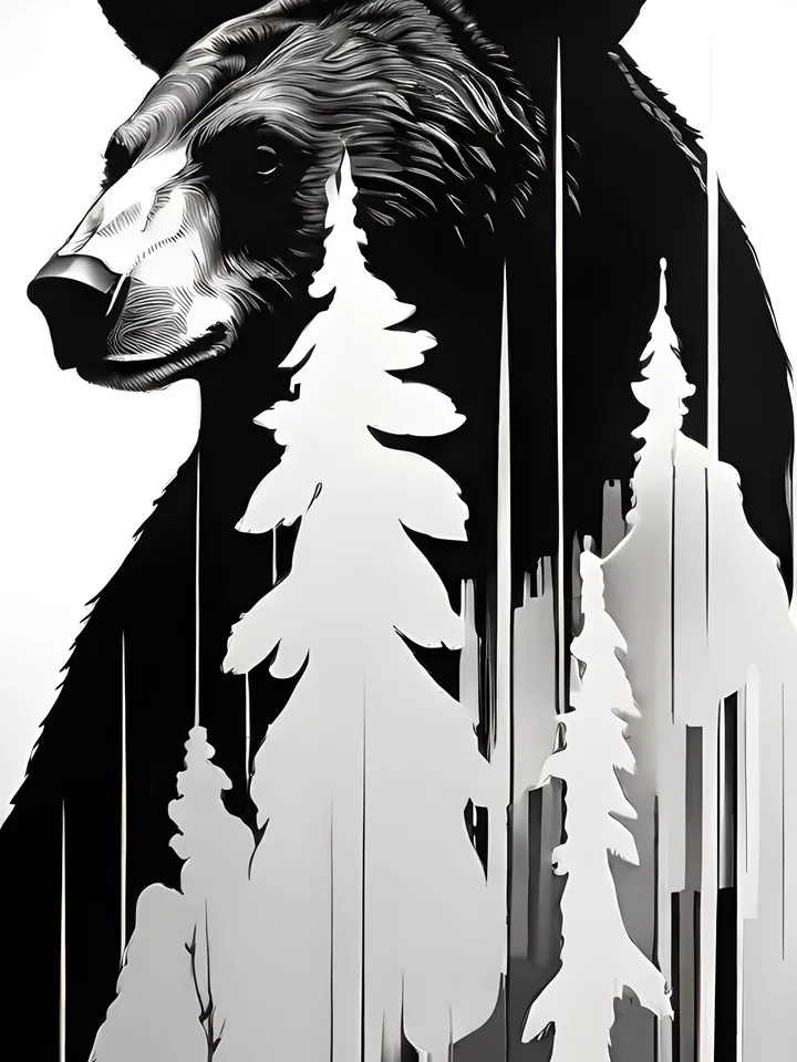 Digital product, Bear image, Bear print, Bear print, Wildlife, Contrast print, Black and white silhouette, Monochrome print, Symbolic painting, Bear poster.