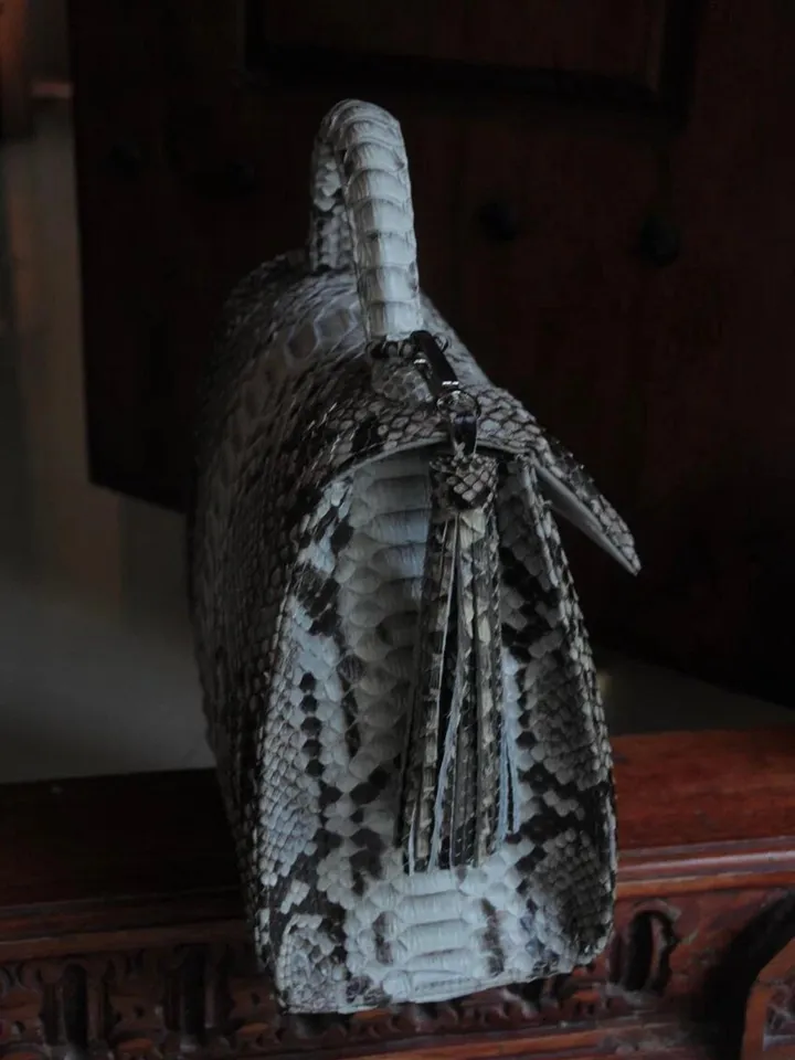 Top handle grey classy genuine python skin stitched bag | exotic leather bags | Elegant women purse | snake skin bag | designer leather bag