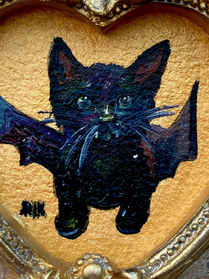 Bat Painting Small Framed Art Goth Painting Bat Gifts, Mini Gold Framed Decor, Cat Bat, Black Cat Art, Tiny Art Whimsigoth Decor