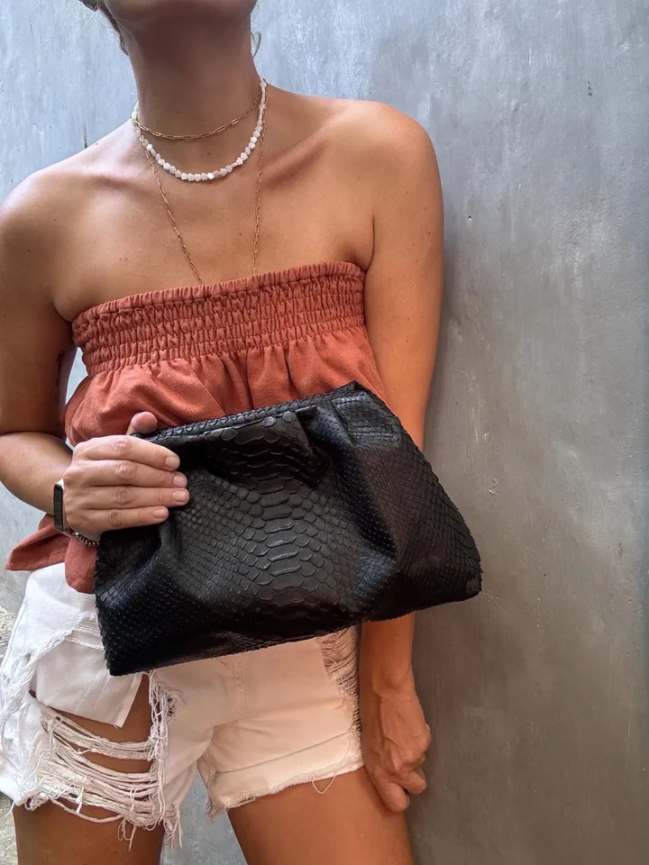 Genuine python skin black  pouch bag | exotic leather bags | medium size soft clutch | snake designer bag | gift for her | classy purse