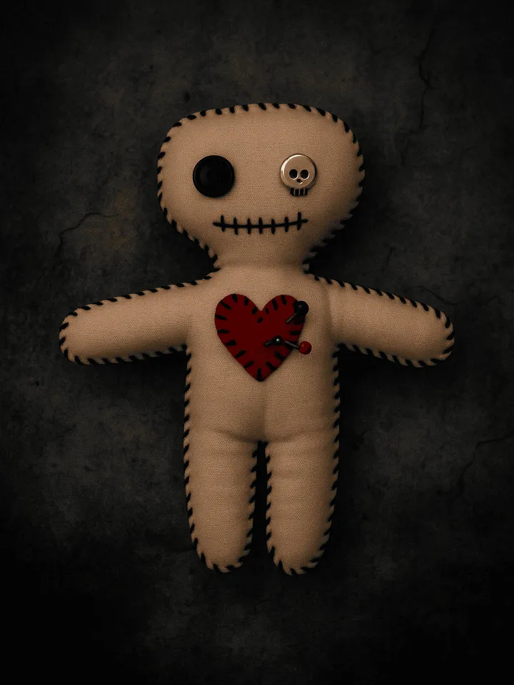 Handmade voodoo doll with red heart and button eyes – featured in beginner-friendly PDF sewing tutorial