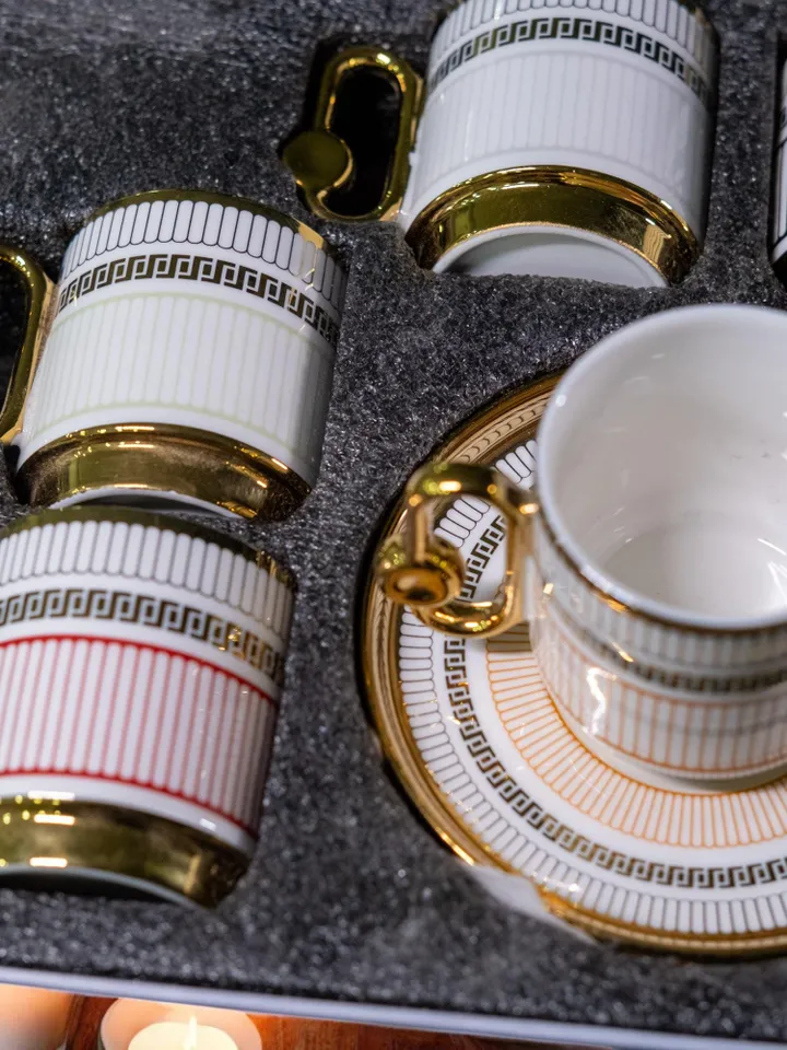 90 ml Creative Handle Elegant Orange & Gold Design Porcelain Coffee Cup Set | Luxurious Durable Cup Set Perfect Gift First Mothers Day Gift