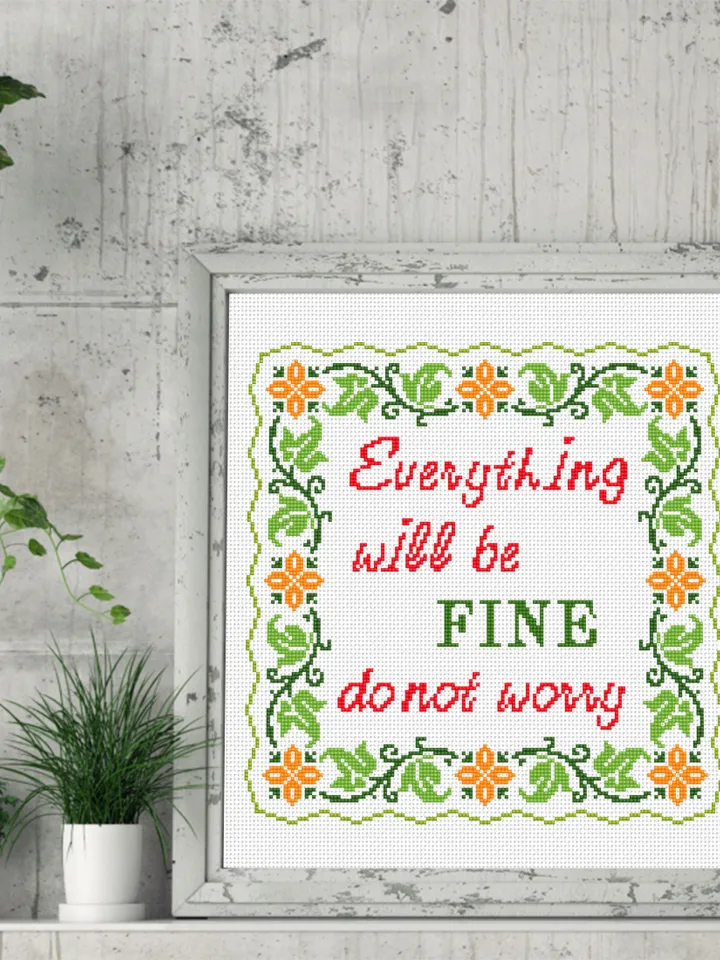 Framed quote cross stitch pattern PDF Everything will be fine Floral frame cross stitch download PDF, Folk ornaments hand embroidery #Q2
