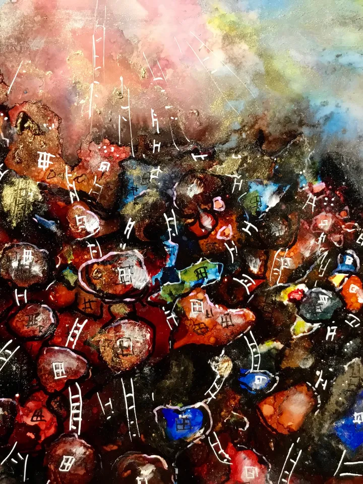 Red town fantasy unique artwork,original alcohol inks mix media painting on heavy yupo paper,fantasy wall art,home decoration.