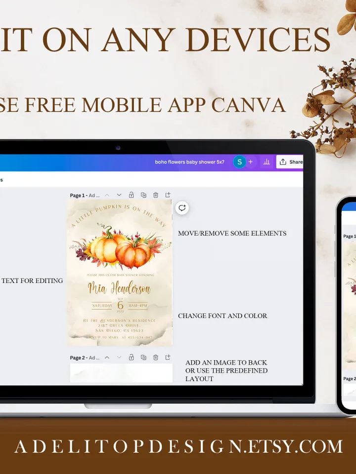 Little Pumpkin is on the way; Editable Autumn Pumpkin Baby Shower Invitation Template Canva; Fall 2022 Autumn Smartphone Digital Invitation