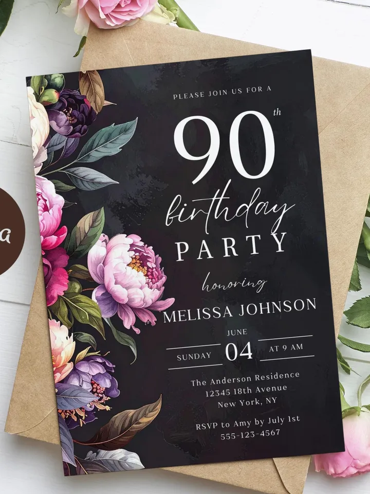 90th Birthday Invitation for women – Moody Burgundy & Blush Peony Floral Invitation, Elegant Dark Men Birthday Party Invite Canva Template