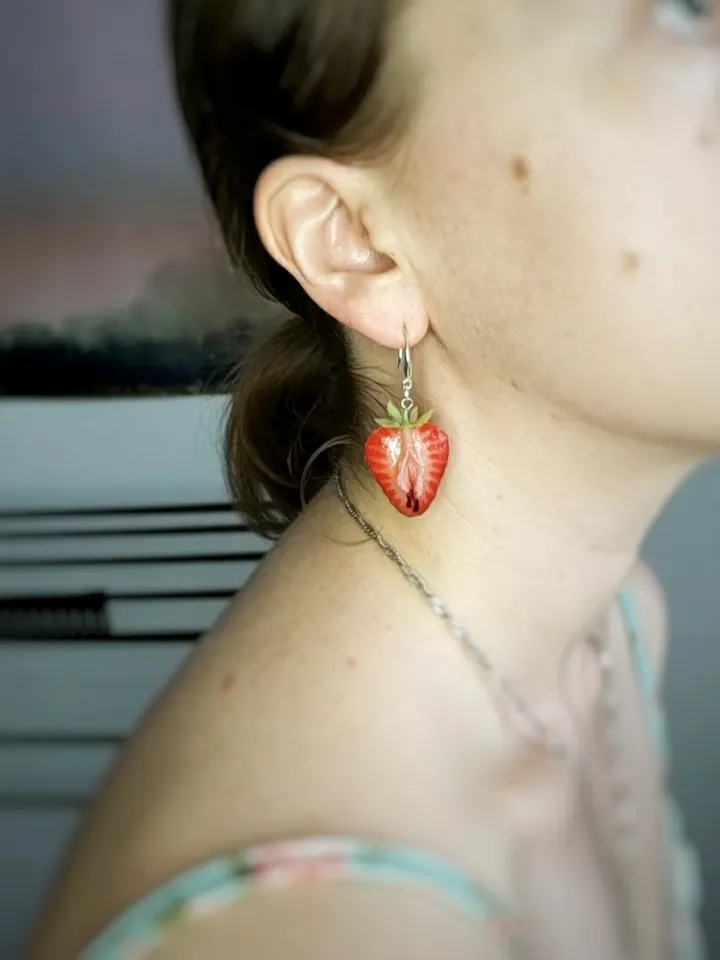 Strawberry earrings,,polymer clay,stainless steel coated with silver