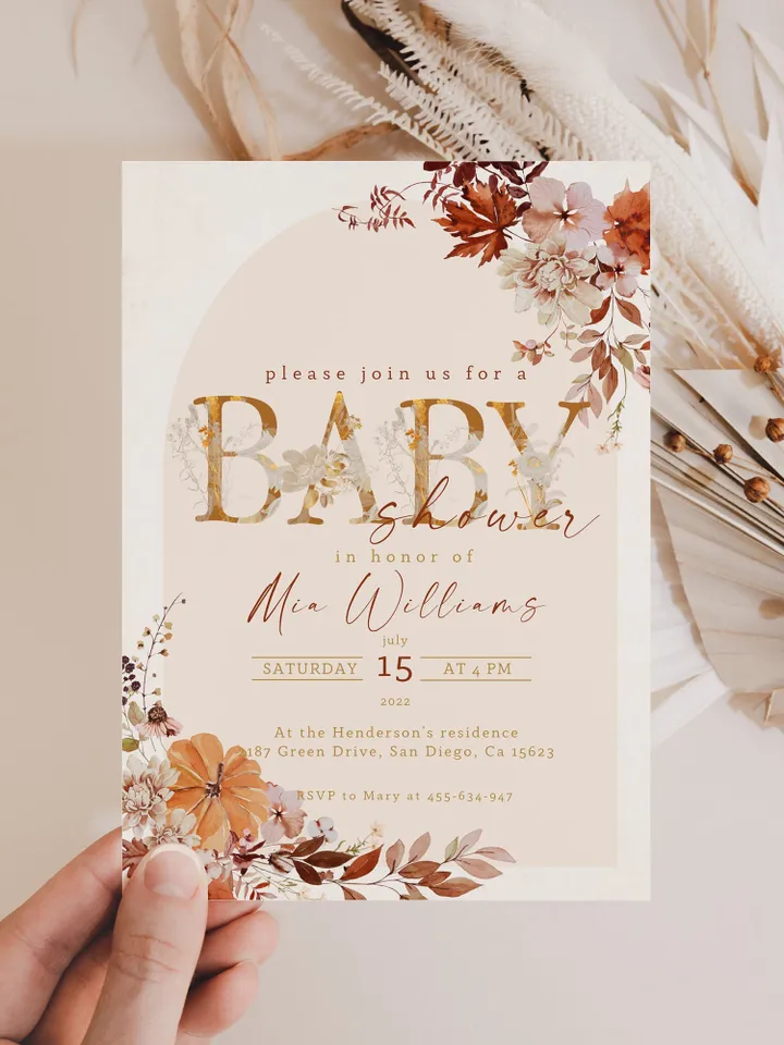 Rustic Autumn Baby Shower Invitation; Boho Flowers Baby shower; Little Pumpkin baby shower; editable template canva; Fall; Autumn; Pumpkin