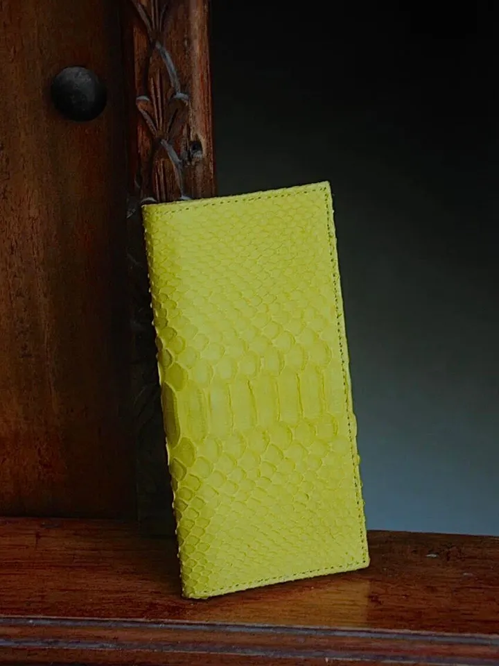 Genuine python skin flat unisex yellow wallet / small money reptile purse / exotic leather snakeprint / cardholder gift idea