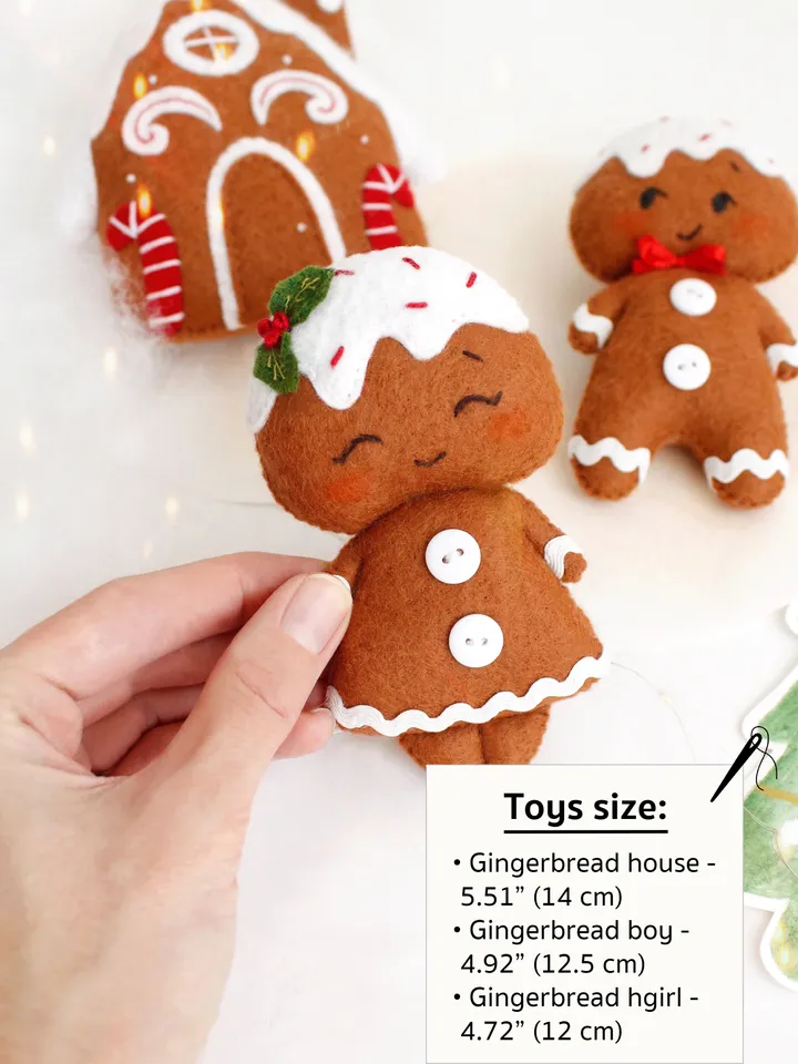 Felt gingerbread boy, girl and house hand sewing PDF tutorial with patterns. DIY Christmas tree ornaments. Soft toy pattern