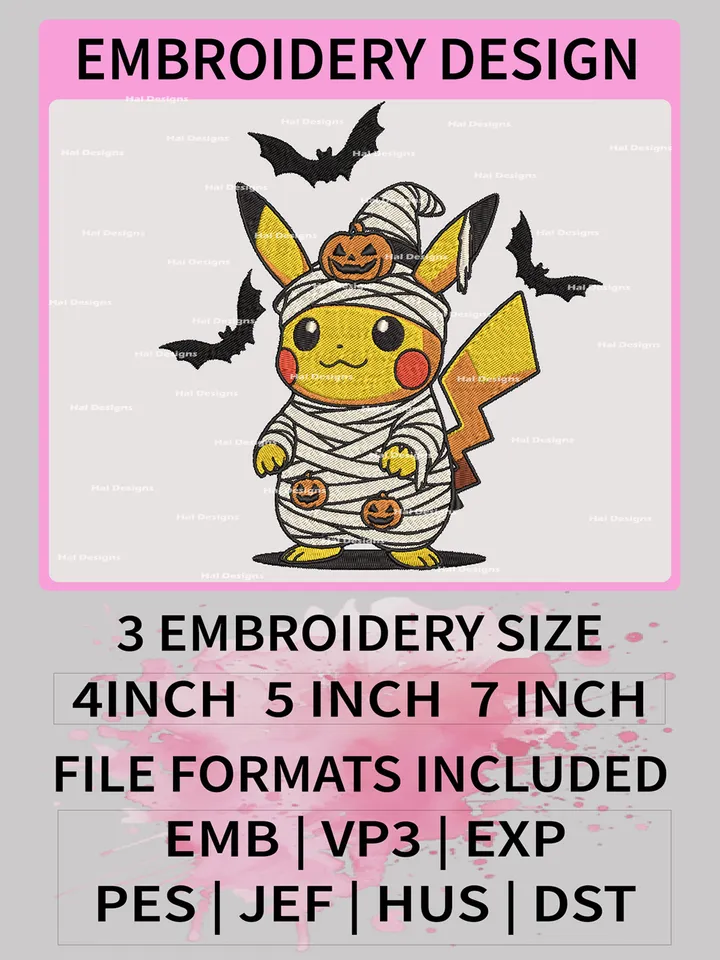 Pokemon Pikachu Halloween Embroidery Design, Halloween Dmbroidery, Anime Design, Embroidery file, Digital download