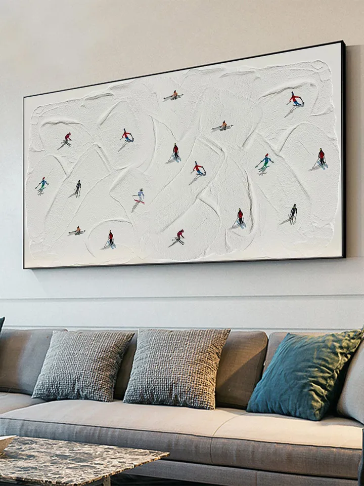 Large Original Ski Sport Painting on Canvas, Texture Wall Art, Skier on Snowy Mountain Art White Snow Skiing Art Custom Painting, Home Decor