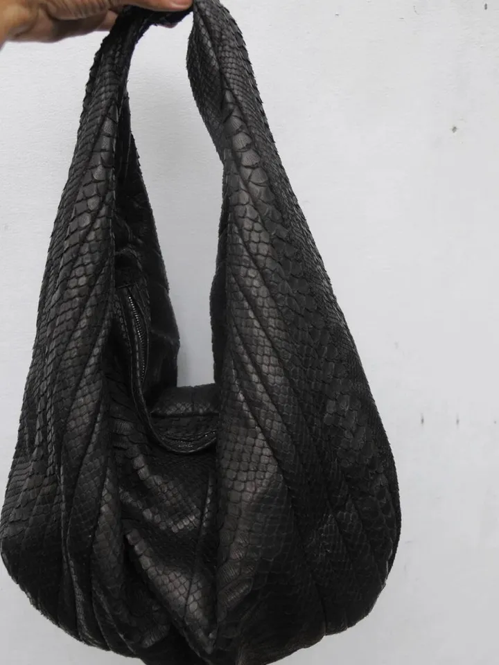 Big Soft Hobo Classy Sport Woman Stitched Bag | Purse Genuine Python Skin | Black Big Elegant Leather Designer Soft Bag Snake | reptile hobo