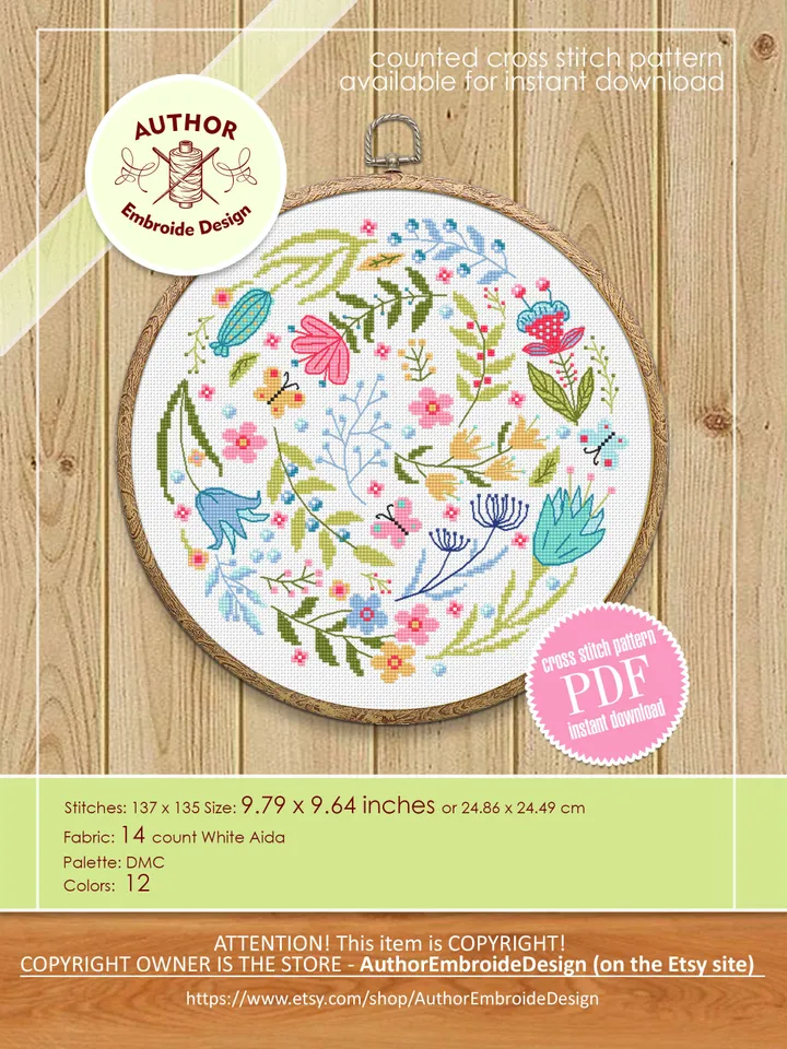 Folk flowers cross stitch pattern PDF download Scandinavian folk cross stitch chart, Floral pattern digital PDF, Cute Flower embroidery #P41