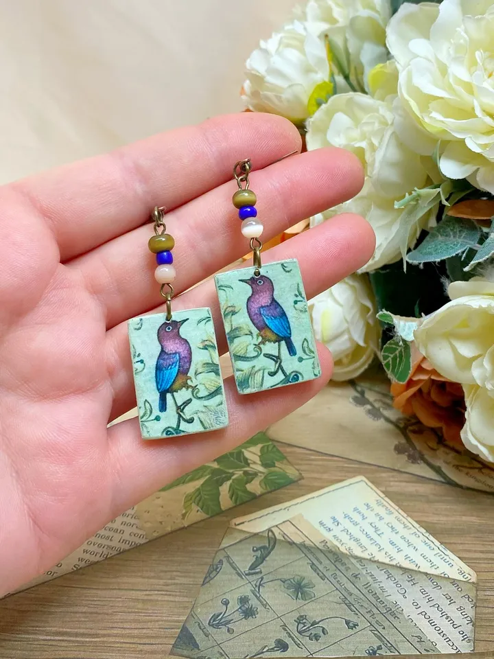 Vintage handmade earrings. Earrings with images of birds.