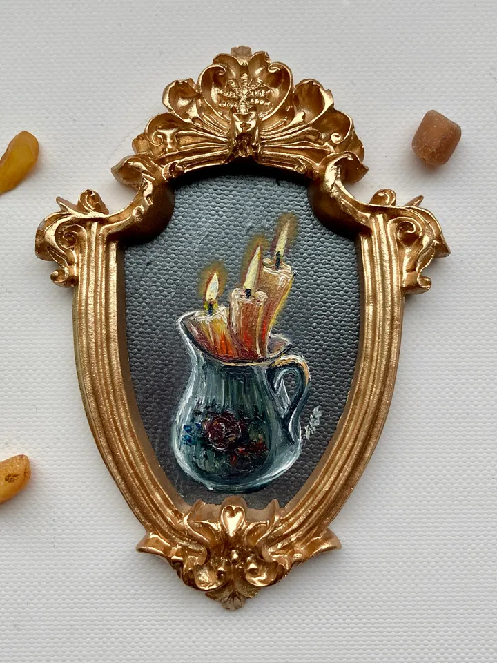 Candle Oil Painting Original In Vintage Style Frame Small Framed Still Life Art