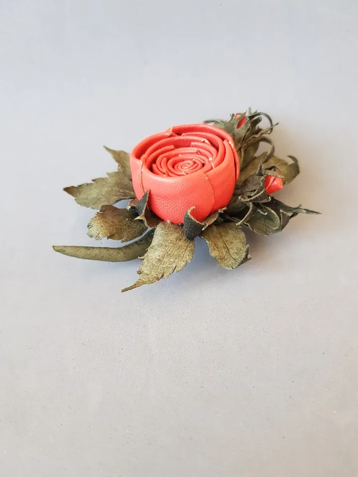 Red rose leather brooch 3rd anniversary gift for wife, Leather women's jewelry