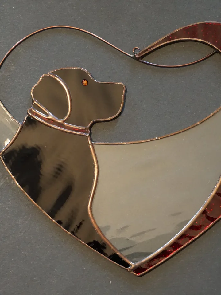 Dog Black Retriever Labrador in Red Heart . Art Stained glass window hanging Suncatcher. Gift for animal lover, pet loss memorial.