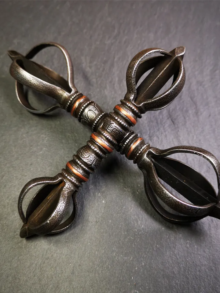 Gandhanra Vintage Five-pronged Vajra Dorje,Tibetan Tantric Buddhism (Vajrayana) Ritual,Altar Tool,Made of Cold Iron,Inlaid Copper