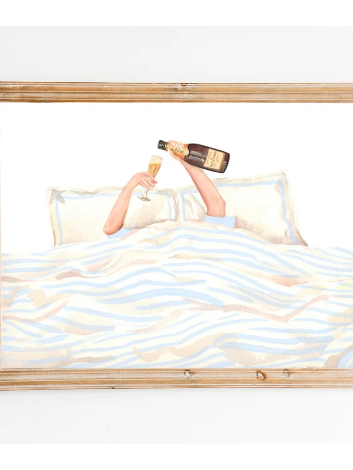 Champagne Drinking Woman, Watercolor Painting, In Bad Wall Art, Champagne Painting, Wine In Bad, Girls Bedroom Decor, Champagne Lovers