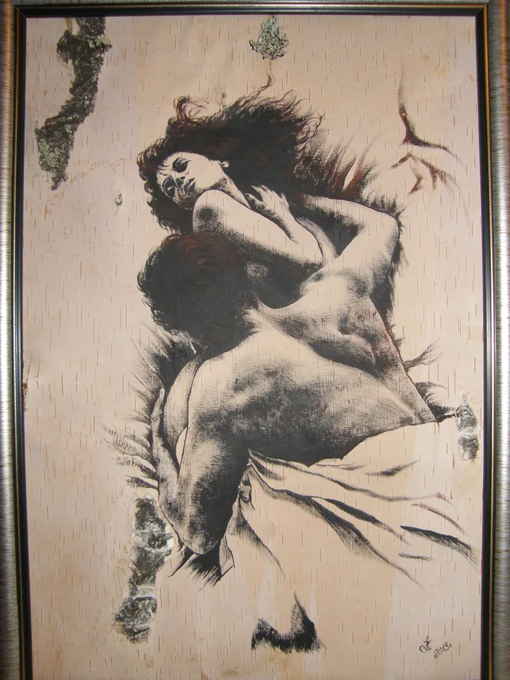 Painting on birch bark "Passion".