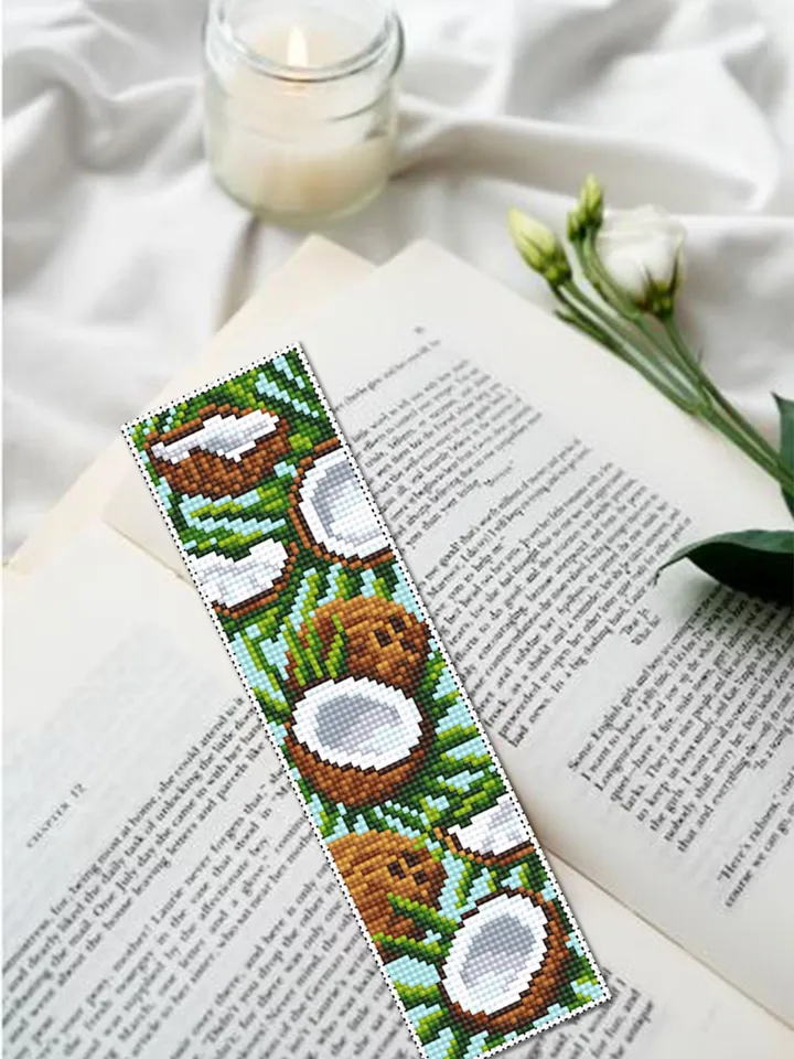 Summer bookmark cross stitch pattern PDF download Tropical fruit Coconut cross stitch chart, Digital bookmark pattern, Unique bookmark #B154