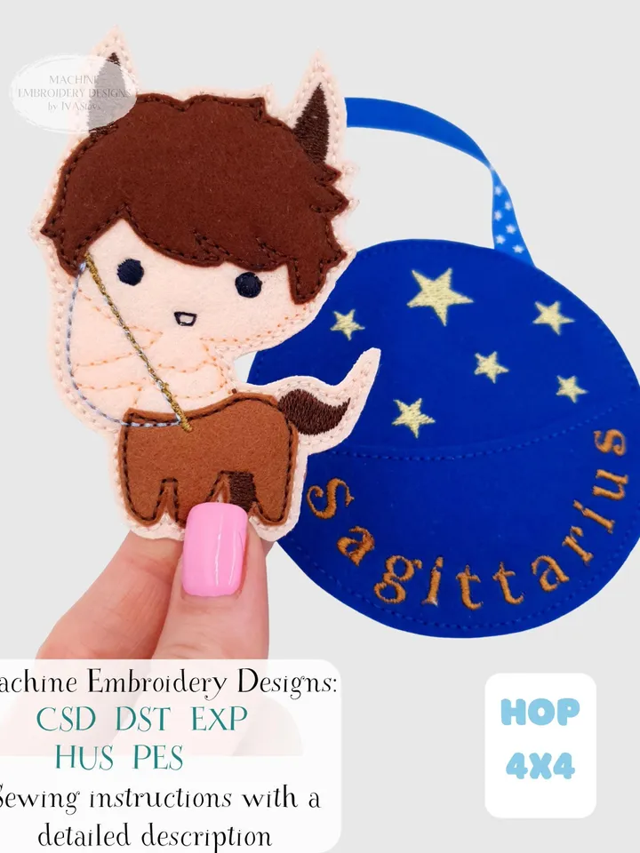 ITH Sagittarius Zodiac Finger Puppet & Bag Embroidery Design, Centaur Archer Toy, 4x4 Hoop Christmas Ornament