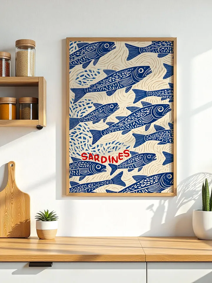 Sardines Print Sardine Tin Vintage Poster Retro Sardine Wall Art Fish Print Eclectic Wall Art Colorful Kitchen Art Maximalist Poster Digital
