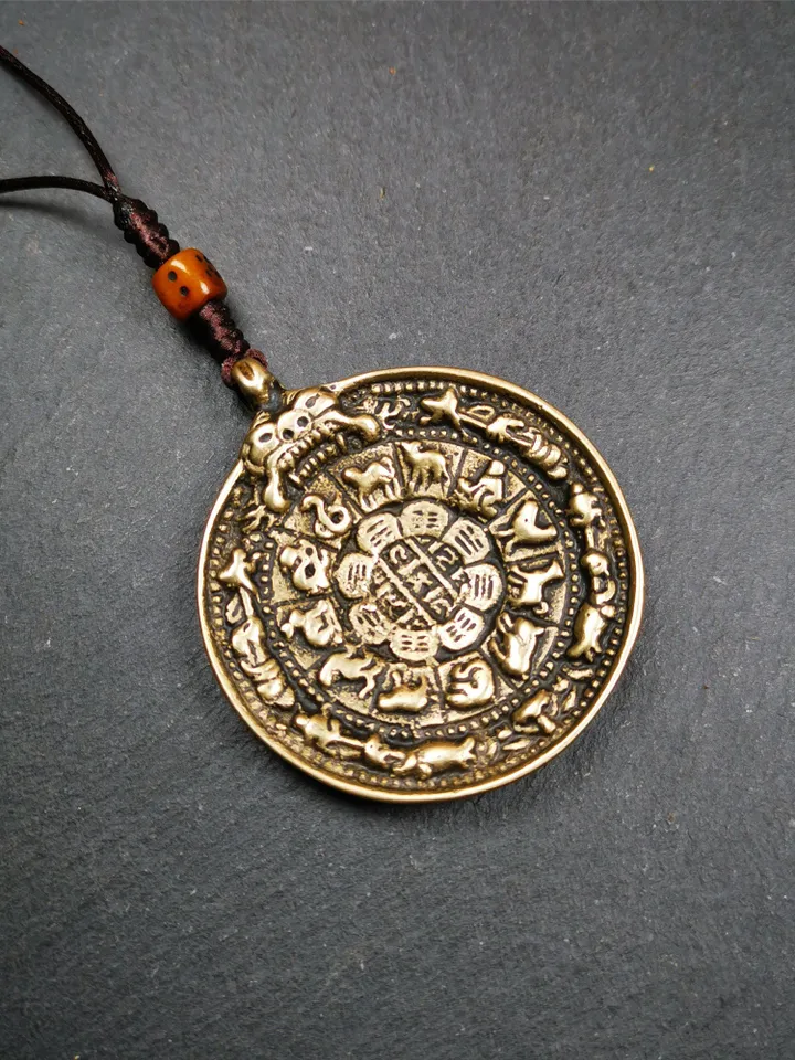 Gandhanra Acient Tibetan Buddhist Amulet,Melong Mirror,Calendar Badge,SIPAHO(srid pa ho),Made of Brass,Unique Kirtimukha Head,2.0"
