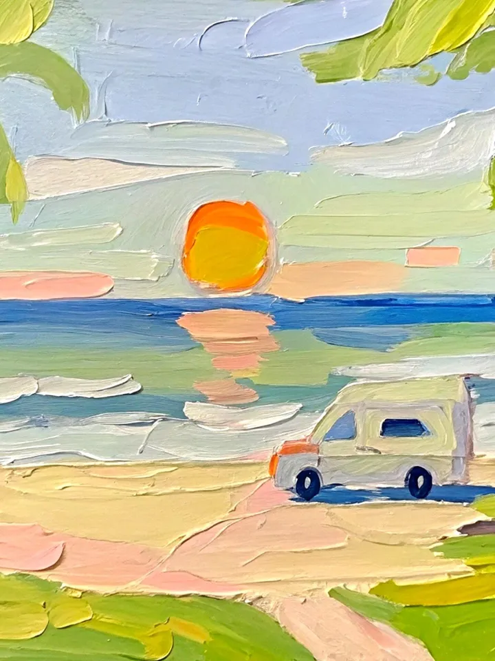 San Diego Beach Travel Original Art Impasto Oil Painting Small Camper Vanlife Impressionist Artwork Gift by ArtProkopaloSv