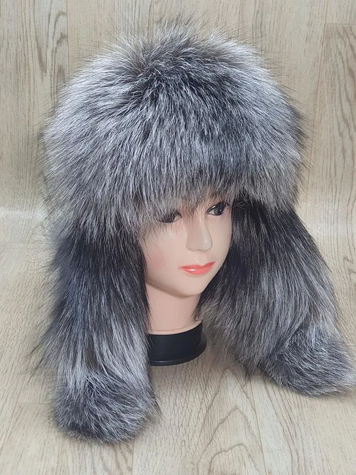 Women's Silver Fox Hat. Fur hat for Winter. Top of the hat is genuine leather. Hat with a pompom. Model Zimushka, Warm, Comfortable, Fashion