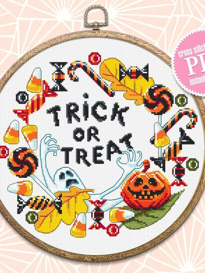 Trick or treat cross stitch pattern download PDF Halloween wreath cross stitch chart, Halloween pattern digital PDF, Candy cross stitch #H49