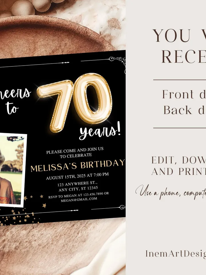70th Birthday Invitation with Photo Adult Women's Cheers to 70th Birthday Invite Black and Gold Party Card for Grandma Canva Template