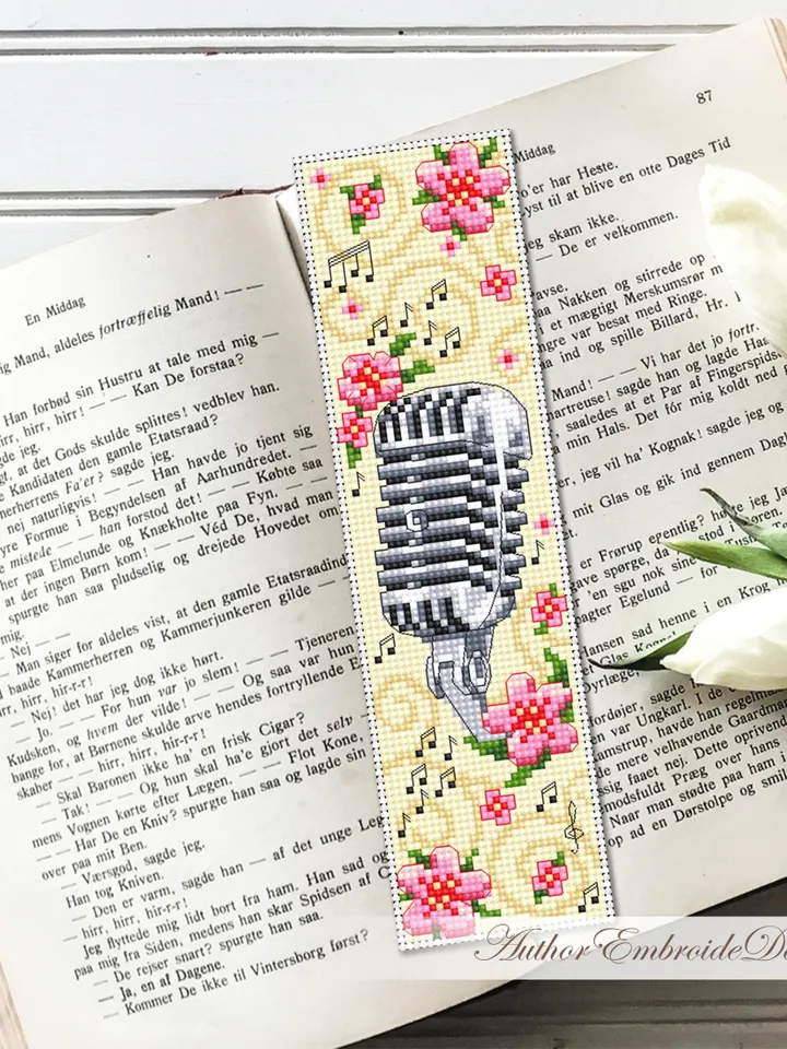 Music bookmark cross stitch pattern PDF download Retro Vintage microphone cross stitch chart, Flower bookmark pattern digital PDF #B410