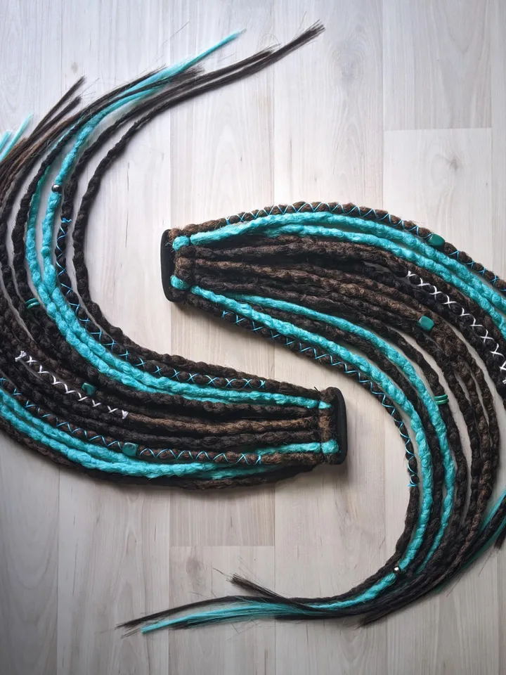 Dreads on hair tie Ponytail dreadlocks for party Brown mix with mint crochet dreads with decorations Bohemian boho hippie hairstyle